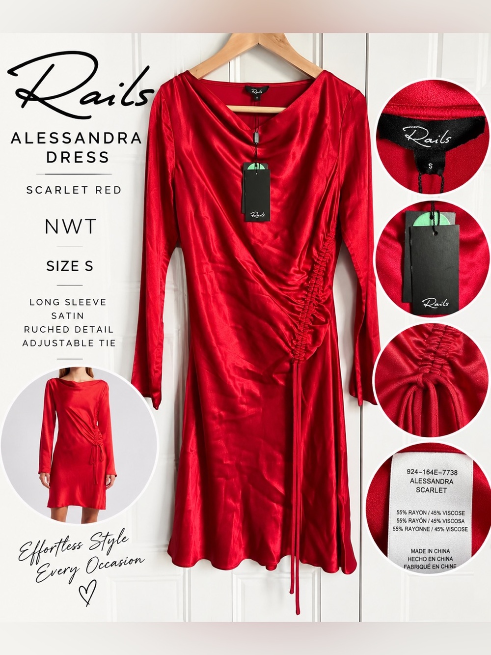 NWT Rails Alessandra Scarlet Red Satin Ruched Midi Dress Size S